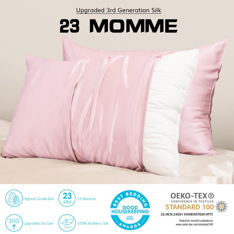 PROMEED 23 Momme Silk Pillowcase 2 Pack, Both Sides 100% 23 Momme Mulberry Silk Pillow Case Set of 2, Hidden Zipper Closure for Easy Set (Queen 20""x30"", Pink) - Image 2